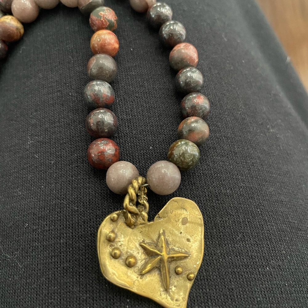 Jasper bead necklace "Catch A Falling Star" etched on 1" bronze/like heart.